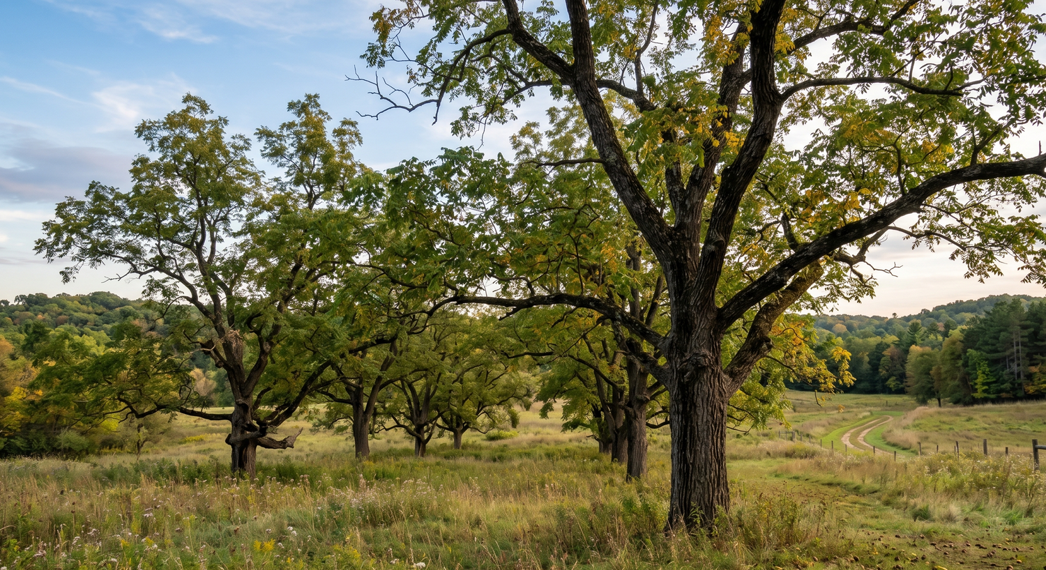 Scenic view of black walnut trees in a Wisconsin field with a clear sky