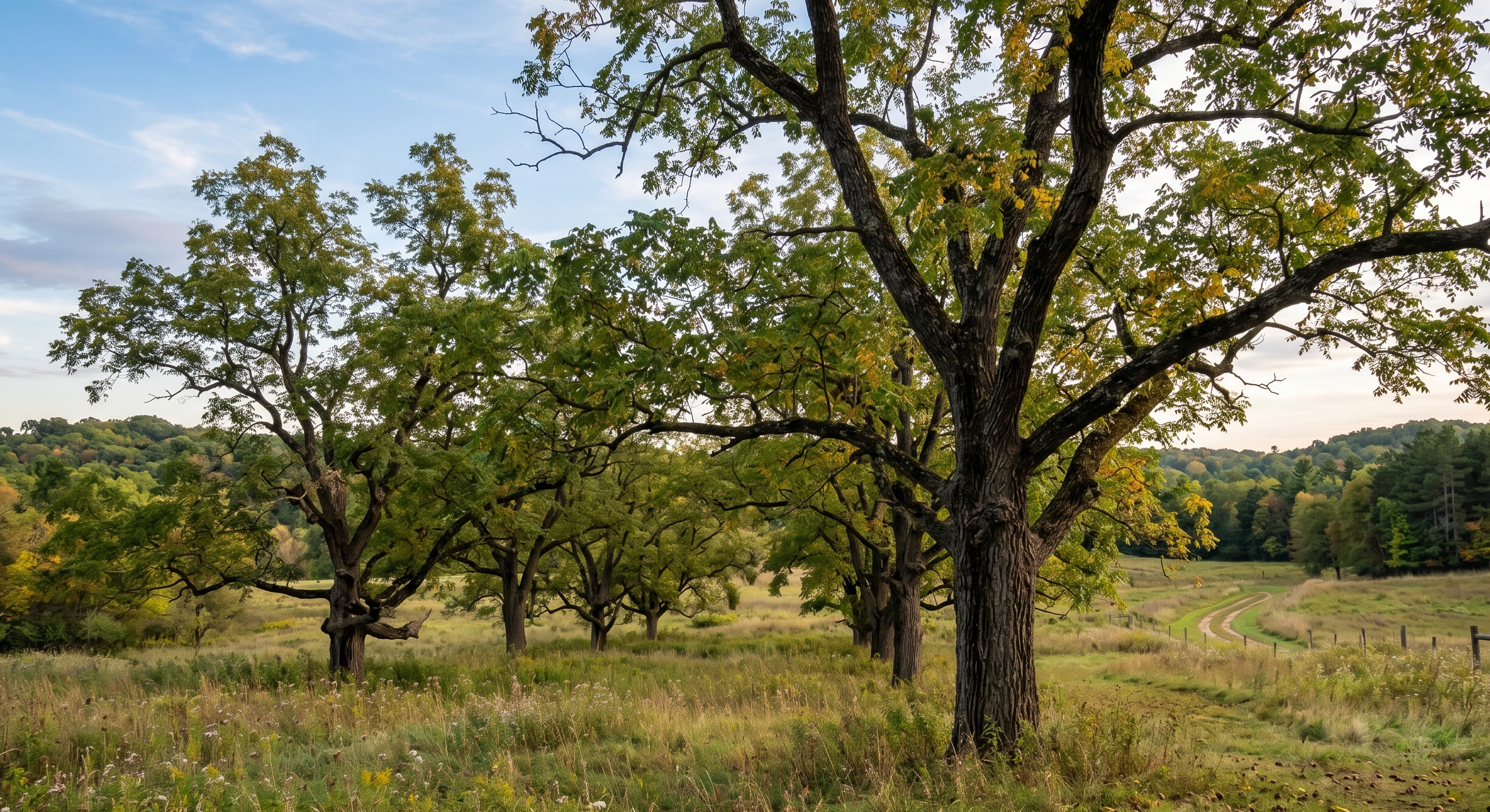 Scenic view of black walnut trees in a Wisconsin field with a clear sky