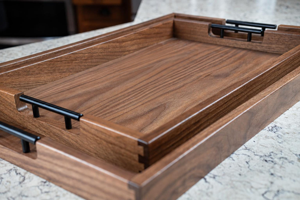 Walnut Serving Tray with Handles, Dovetail Wood Tray, Ottoman Tray, Coffee Table Tray, Handmade in the USA