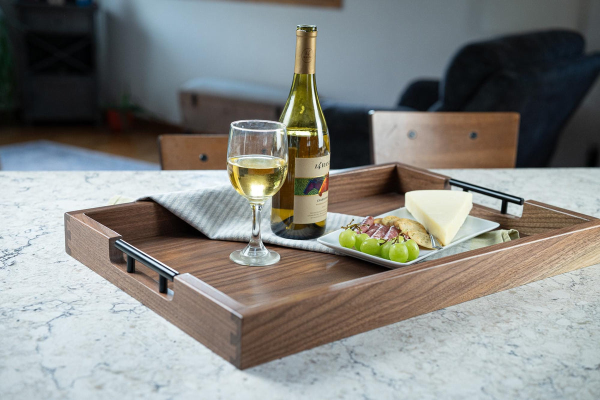 Walnut Serving Tray with Handles, Dovetail Wood Tray, Ottoman Tray, Coffee Table Tray, Handmade in the USA