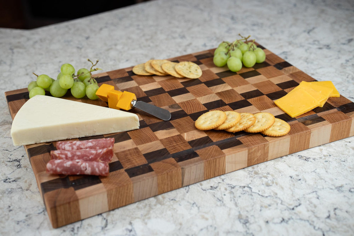 End Grain Cutting Board, Walnut Maple & Oak Wood Cutting Board with Juice Groove, Handmade Butcher Block